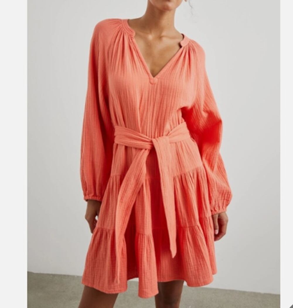 Rails Aureta Organic Cotton Gauze Tired Mini Dress Papaya Sz L